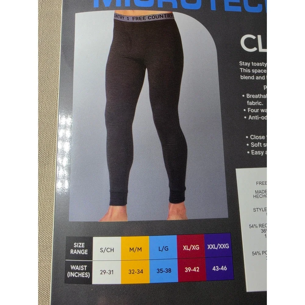 Free Country Mens Microtech Heat Cloud Knit Base Layer Pant Black Large NEW